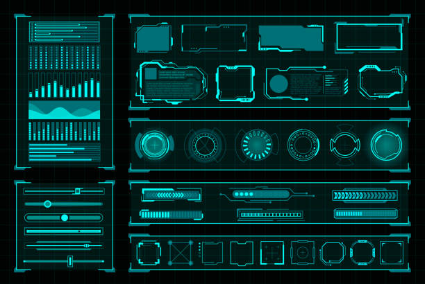 Futuristic user interface digital design on black Futuristic user interface. Modern technology and design computer futurism decoration. Vector illustration on black background hud graphical user interface stock illustrations