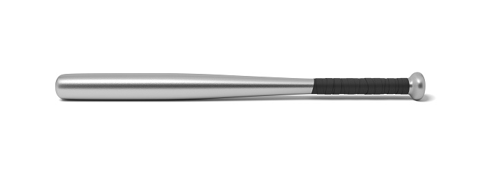 3d rendering of a single metal baseball bat with a wrapped handle isolated on a white background. Baseball equipment. Steel bat. Metal club.