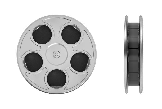 多くの映画と映画のフィルムの 3 d レンダリングは白地に正面と側面ビューで中にしっかりと録音。 - record television broadcasting circle three dimensional shape ストックフォトと画像
