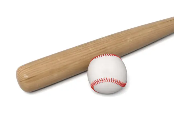 Photo of 3d rendering of a wooden baseball bat with black wrap on the handle lying near a white leather ball.