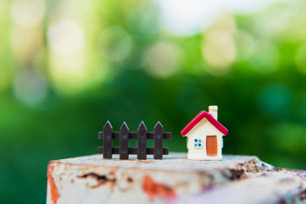 Little dollhouse in woods, cute small decorative house outdoor art exhibition in public park. Forest small doll house on forest background, charming garden decoration for home lawn,