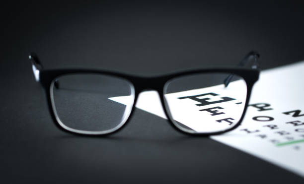 istock Glasses on eye test letter chart on optician table. Ophthalmology or optometry clinic. Focus through lens. 1033774280
