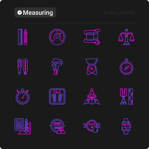 Vector illustration of Measuring thin line icons set: stopwatch, weight scales, speedometer, smart watch, brass scales, thermometer. Modern vector illustration for black theme.