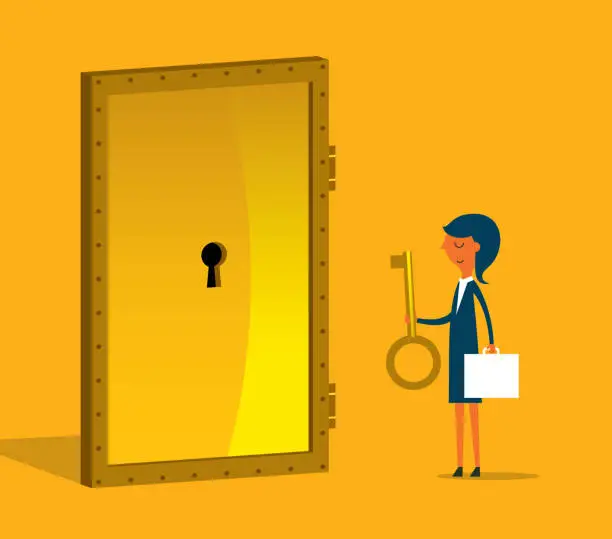 Vector illustration of Businesswoman with golden key try to unlock the door