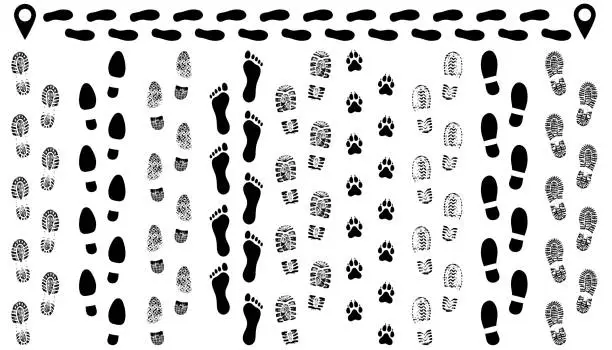 Vector illustration of Footprint of shoes on the road, isolated set silhouette vector. Traces sole, imprint. Footstep, footwear
