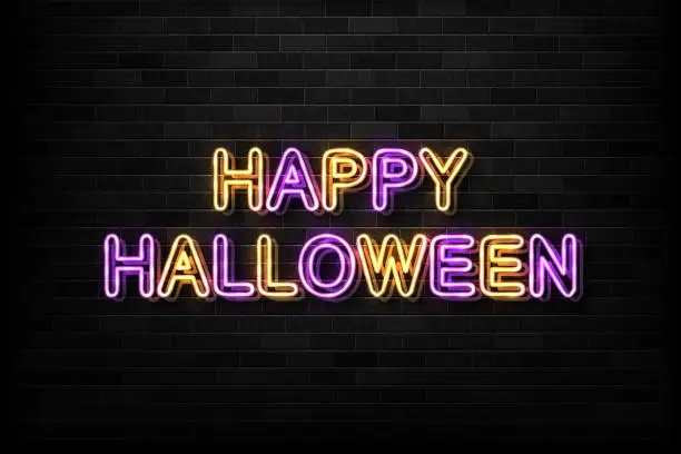 Vector illustration of Vector realistic isolated neon sign of Happy Halloween typography logo for decoration and covering on the wall background. Concept of Halloween party and trick or treat.