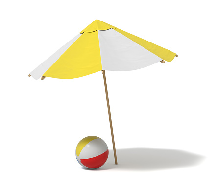 3d rendering of a white and yellow beach umbrella and inflated beach ball. Vacation for two. Catching rays. Rest at seaside.