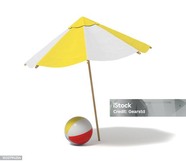 3d Rendering Of A White And Yellow Beach Umbrella And Inflated Beach Ball Stock Photo - Download Image Now