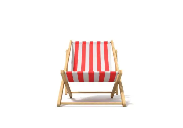 3d rendering of a white red deckchair in front view isolated on a white background. Getting tanned. Beach furniture. Resting at sea resort.