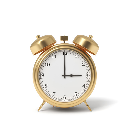3d rendering of a retro alarm clock covered in gold standing on a white background. Time is money. Precious money. Best moment for investment.