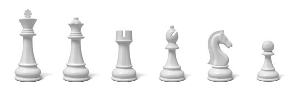 3d rendering of all six different chess pieces of black color standing in line. 3d rendering of all six different chess pieces of black color standing in line. Chess set. Games and recreation. Major and minor pieces. knight chess piece stock pictures, royalty-free photos & images