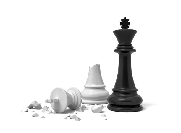 istock 3d rendering of a black chess king standing near a white king figure broken in half. 1033794338