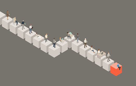 People using technology devices stand on giant cubes in this illustration. These cubes form a growing blockchain.