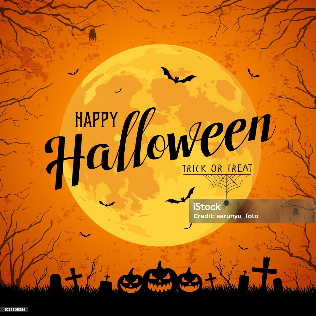 Feliz Halloween mensaje amarillo Plenilunio y bat en árbol - arte vectorial de Halloween libre de derechos