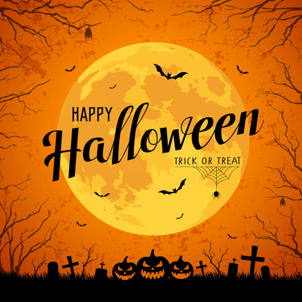 ilustraciones, imágenes clip art, dibujos animados e iconos de stock de feliz halloween mensaje amarillo plenilunio y bat en árbol - halloween
