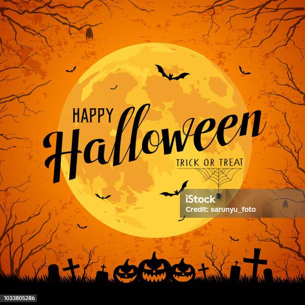 Happy Halloween Message Jaune Pleine Lune Et Bat Sur Arbre Vecteurs libres de droits et plus d'images vectorielles de Halloween