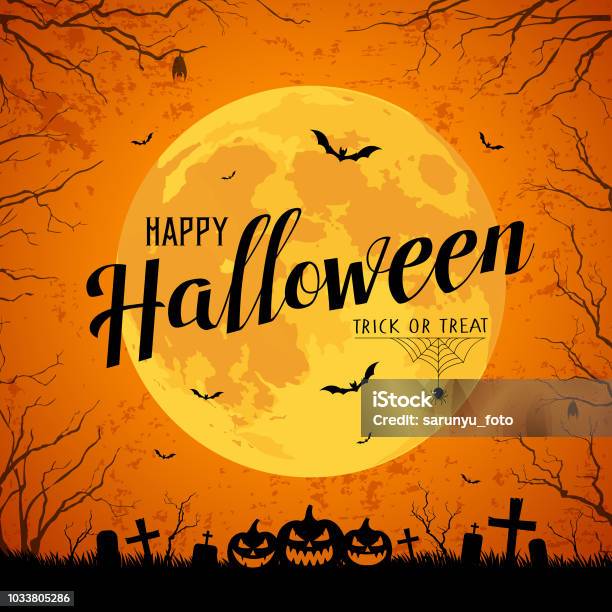 Happy Halloween Message Yellow Full Moon And Bat On Tree Stock Illustration - Download Image Now