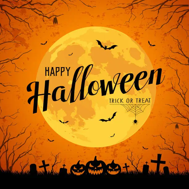 Vector illustration of Happy Halloween message yellow full moon and bat on tree