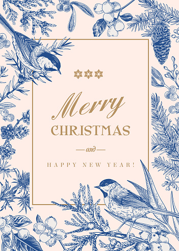 Christmas card with two birds and winter plants and berries. Christmas winter background.