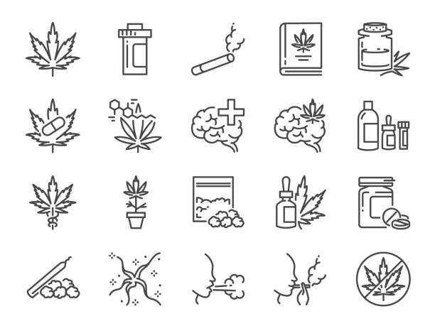 ilustrações de stock, clip art, desenhos animados e ícones de cannabidiol icon set. included icons as cbd, cannabis, treatment, weed, tobacco and more. - canábis narcótico