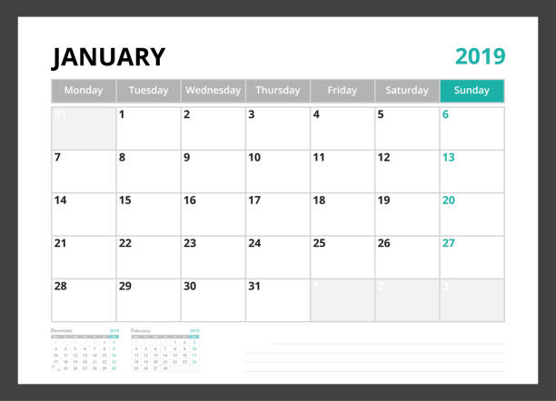 istock 2019 calendar planner corporate template design January week start on Monday. 1033817502
