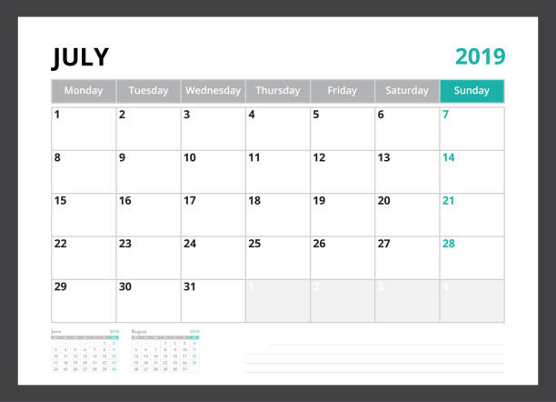 istock 2019 calendar planner corporate template design July week start on Monday. 1033817552