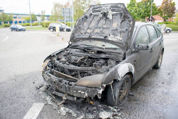 Burnt Out Car On Wath Road Roundabout A6195 2pm Sunday 9th September 2018 stock photo