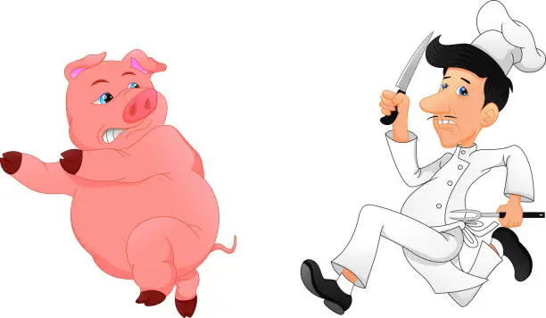 Vector illustration of Cartoon chef chasing a pig