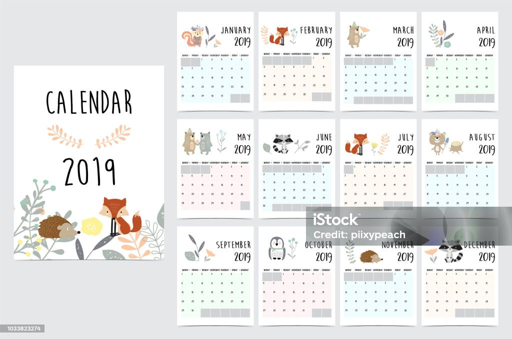 Chic monthly calendar 2019 with squirrel, fox, bear, skunk ,porcupine, penguin and wild Calendar stock vector