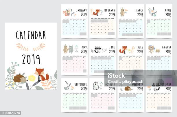 Chic Monthly Calendar 2019 With Squirrel Fox Bear Skunk Porcupine Penguin And Wild Stock Illustration - Download Image Now