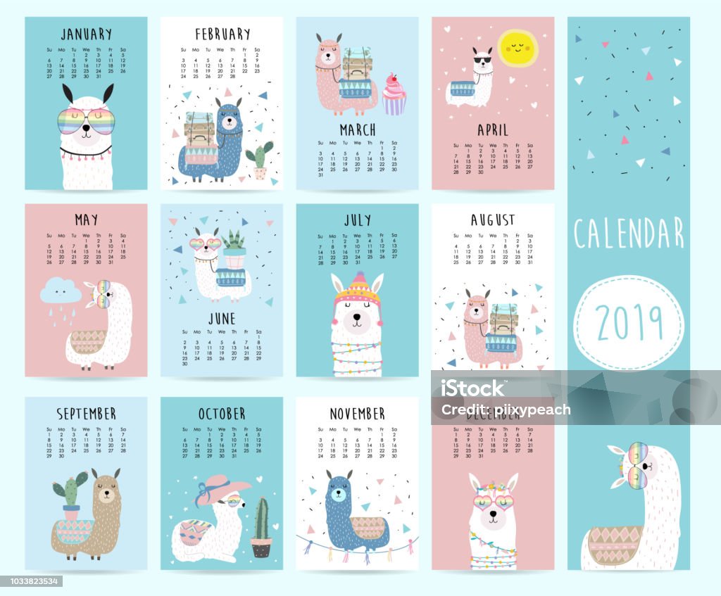 Cute monthly calendar 2019 with llama,luggage,cactus,geometrical,glasses,heart for children.Can be used for web,banner,poster,label and printable Llama - Animal stock vector