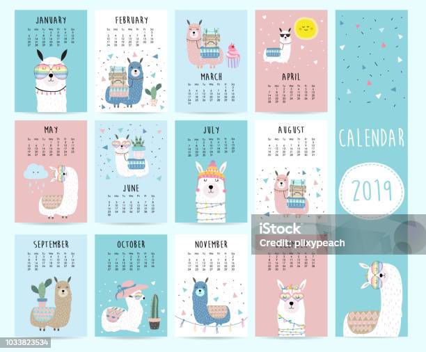 Cute Monthly Calendar 2019 With Llama Luggage Cactus Geometrical Glasses Heart For Childrencan Be Used For Web Banner Poster Label And Printable Stock Illustration - Download Image Now