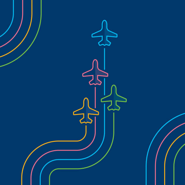 Four airplanes flying up on navy blue Business travel concept. Four airplanes leave color parallel traces. Directly above view to single line airplanes on navy blue background. Outline stroke 2px. travel destination illustrations stock illustrations