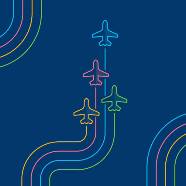Four airplanes flying up on navy blue Business travel concept. Four airplanes leave color parallel traces. Directly above view to single line airplanes on navy blue background. Outline stroke 2px. airport-infographic stock illustrations