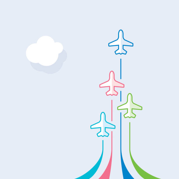 ilustraciones, imágenes clip art, dibujos animados e iconos de stock de cuatro aviones de pasajeros despegue - concepto de tabla de éxito - takeoff