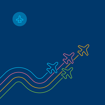 Four airplanes leave color zigzag parallel traces. Directly above view to single line objects on navy blue background. Outline stroke 2px. Business flight concept illustration.