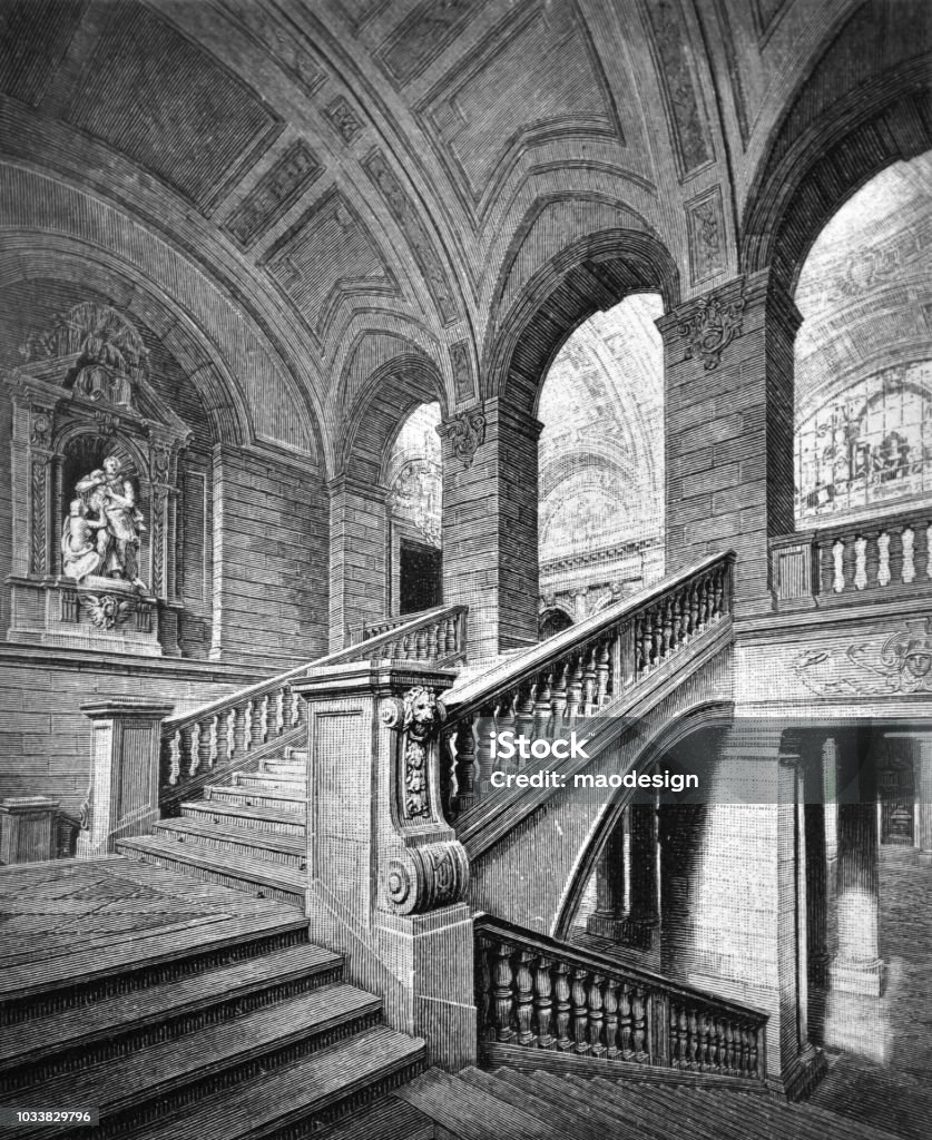 Interior of the antique town hall - 1895 1895 stock illustration