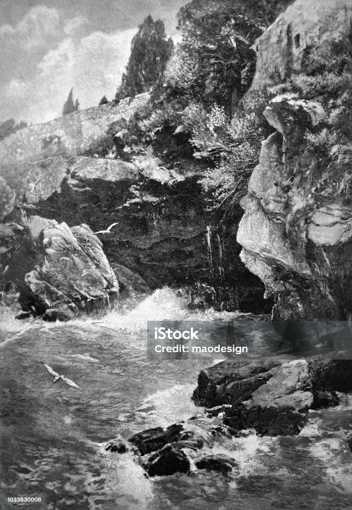 Rocks and grottoes close to the ocean - 1895 1895 stock illustration