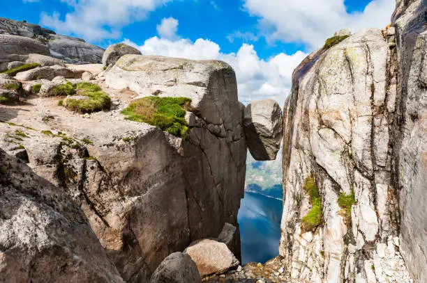 Photo of Kjeragbolten - famous landmark on Kjerag mountain, Norway.