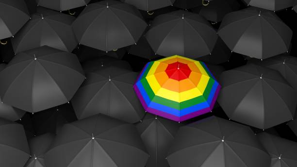 3d rendering-regenschirm mit regenbogenfarben in schwarzen schirmen hintergrund - lesbian gay man rainbow multi colored stock-grafiken, -clipart, -cartoons und -symbole