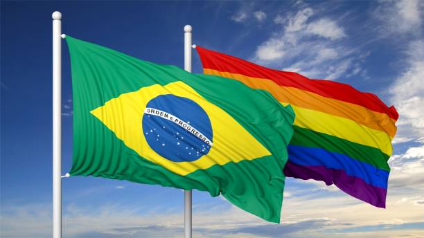 istock 3d rendering gay flag with Brasil flag 1033830436