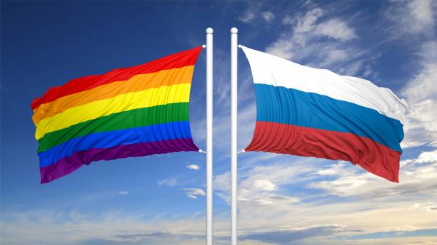 istock 3d rendering gay flag with Russia flag 1033830512