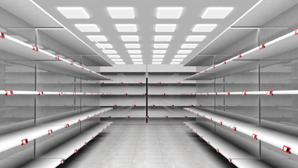 Corridor of supermarket with empty shelves