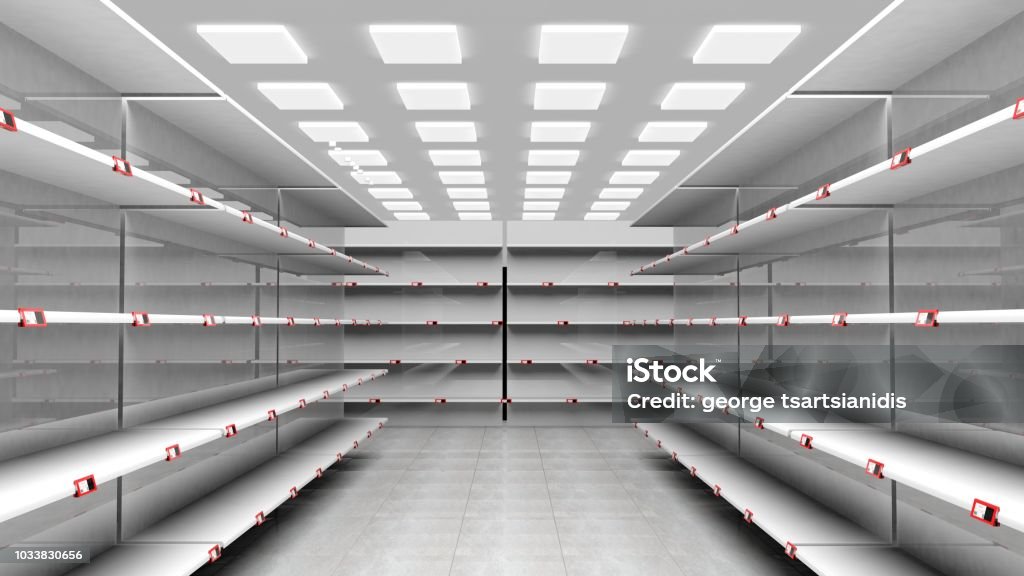 Corridor of supermarket with empty shelves 3D rendering of empty supermarket with shelves and red price tags Empty Stock Photo