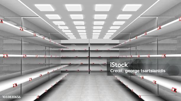 Corridor Of Supermarket With Empty Shelves Stock Photo - Download Image Now - Empty, No People, Shelf