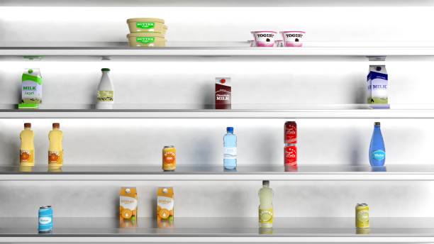 rendering 3d degli scaffali dei supermercati - yogurt container foto e immagini stock
