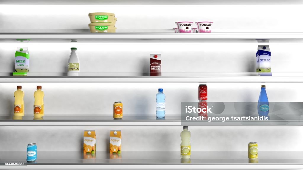 3D rendering of supermarket shelves Supermarket white shelves with products Shelf Stock Photo