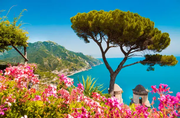 Scenic panoramic view of famous Amalfi Coast with Gulf of Salerno from Villa Rufolo gardens in Ravello, Campania, Italy