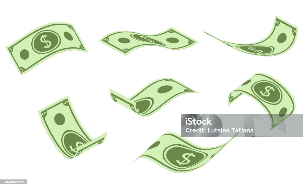 Falling dollar banknotes, money rain, flat vector illustration isolated on white background. Falling dollar banknotes, money rain, flat vector illustration isolated on white background. American dollar falling set, animation ready. USD paper notes flying in the air. Currency stock vector