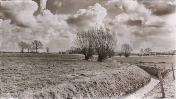 istock Stream flowing through vintage landscape with clouds and trees 1033842600